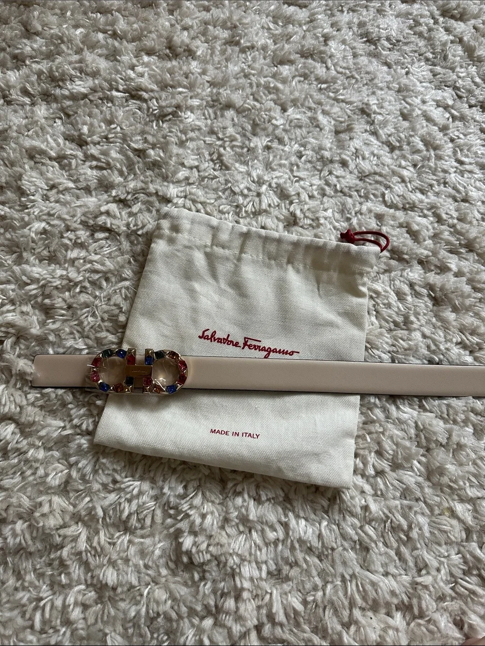 Salvatore Ferragamo Cream Leather Belt with Multicolor Jeweled Gancini Buckle